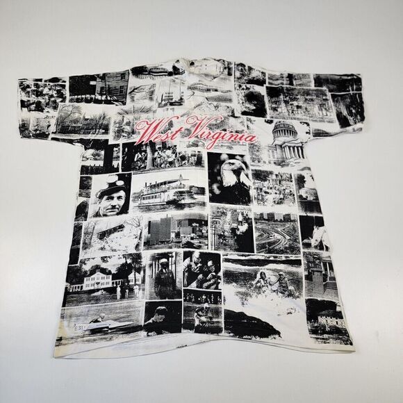 Vintage 90s Single Stitch All Over Print Newspaper AOP West Virginia Shirt Sz L - Picture 8 of 12